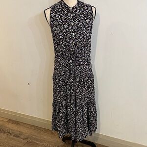 Chaps Orly Petite L Floral Sleeveless Dress Midi tiered navy blue